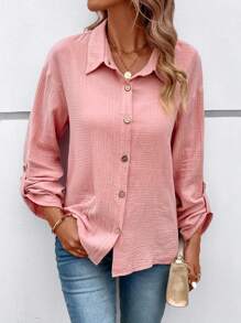 捲邊袖前紐扣襯衫 - 粉色 - 查看 4