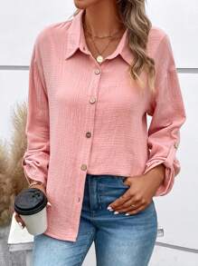 捲邊袖前紐扣襯衫 - 粉色 - 查看 5