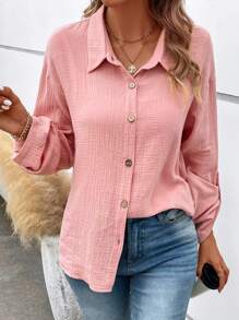捲邊袖前紐扣襯衫 - 粉色 - 查看 6