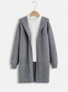 SHEIN Tween Boy 1pc Drop Shoulder Hooded Duster Cardigan - Dark Grey - View 1