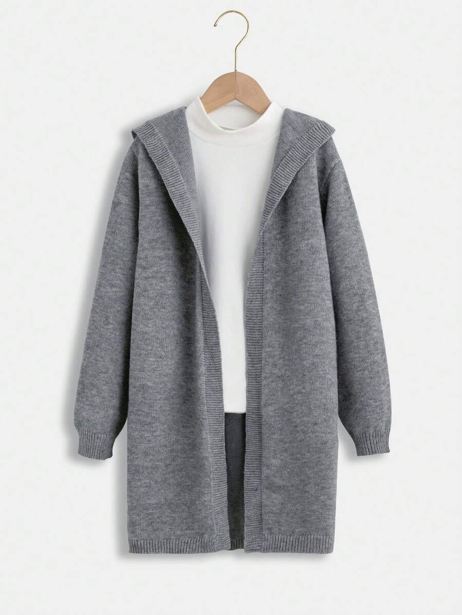 SHEIN Tween Boy 1pc Drop Shoulder Hooded Duster Cardigan - Dark Grey - View 1