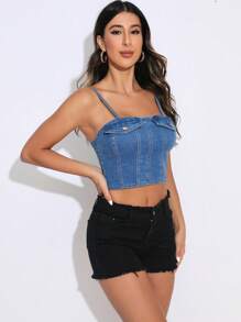 SHEIN Essnce 翻蓋細節牛仔吊帶短上衣 - 深色水洗藍 - 查看 4