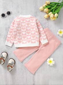 女嬰愛心圖案套頭毛衣和針織褲 - 粉色 - 查看 2