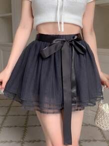 DAZY 素色網紗覆蓋腰帶喇叭半身裙 - 灰色 - 查看 1