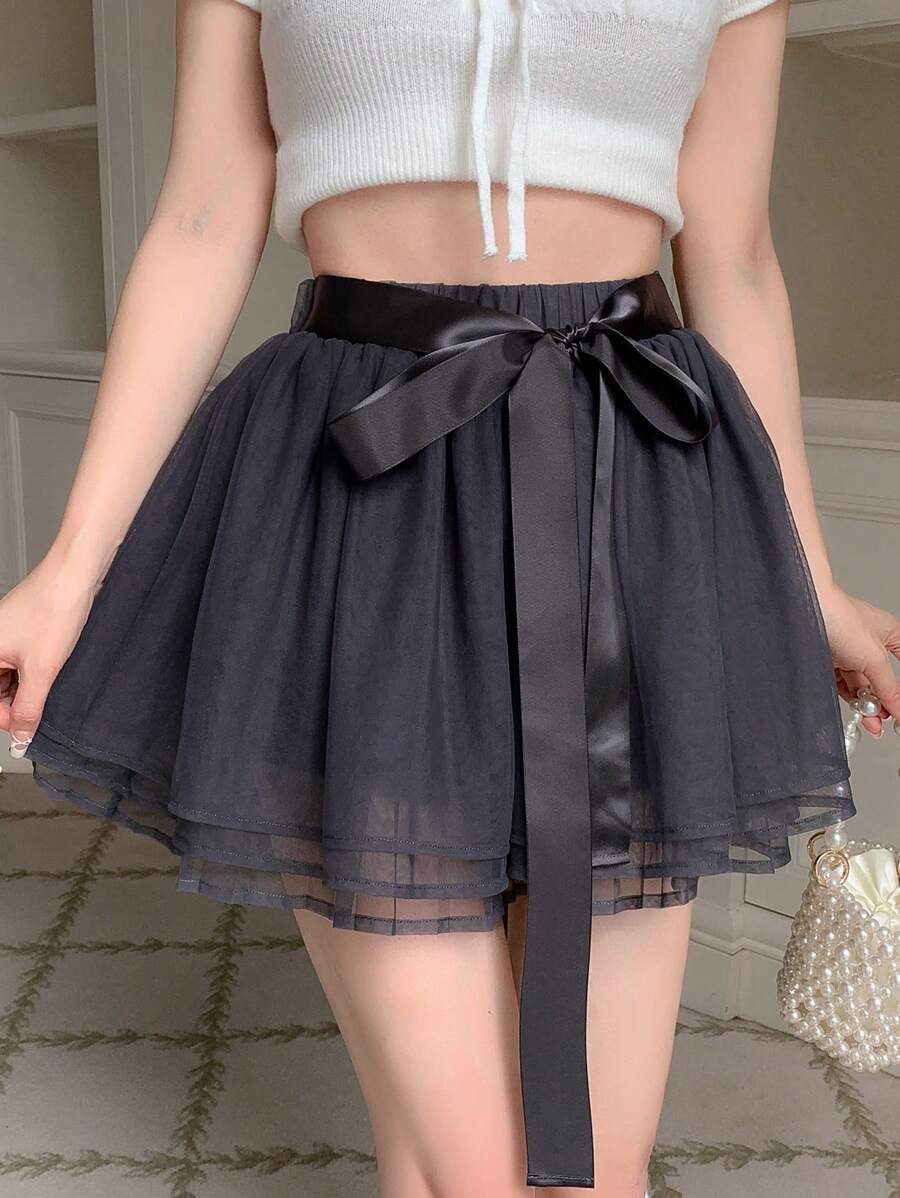 DAZY 素色網紗覆蓋腰帶喇叭半身裙 - 灰色 - 查看 1