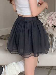 DAZY 素色網紗覆蓋腰帶喇叭半身裙 - 灰色 - 查看 2