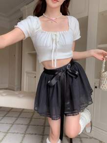 DAZY 素色網紗覆蓋腰帶喇叭半身裙 - 灰色 - 查看 4