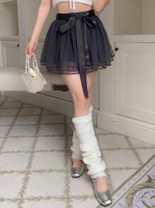 DAZY 素色網紗覆蓋腰帶喇叭半身裙 - 灰色 - 查看 5