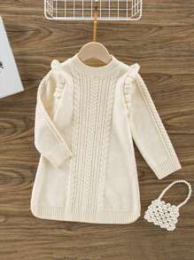 Young Girl Ruffle Trim Sweater Dress - Apricot - View 1