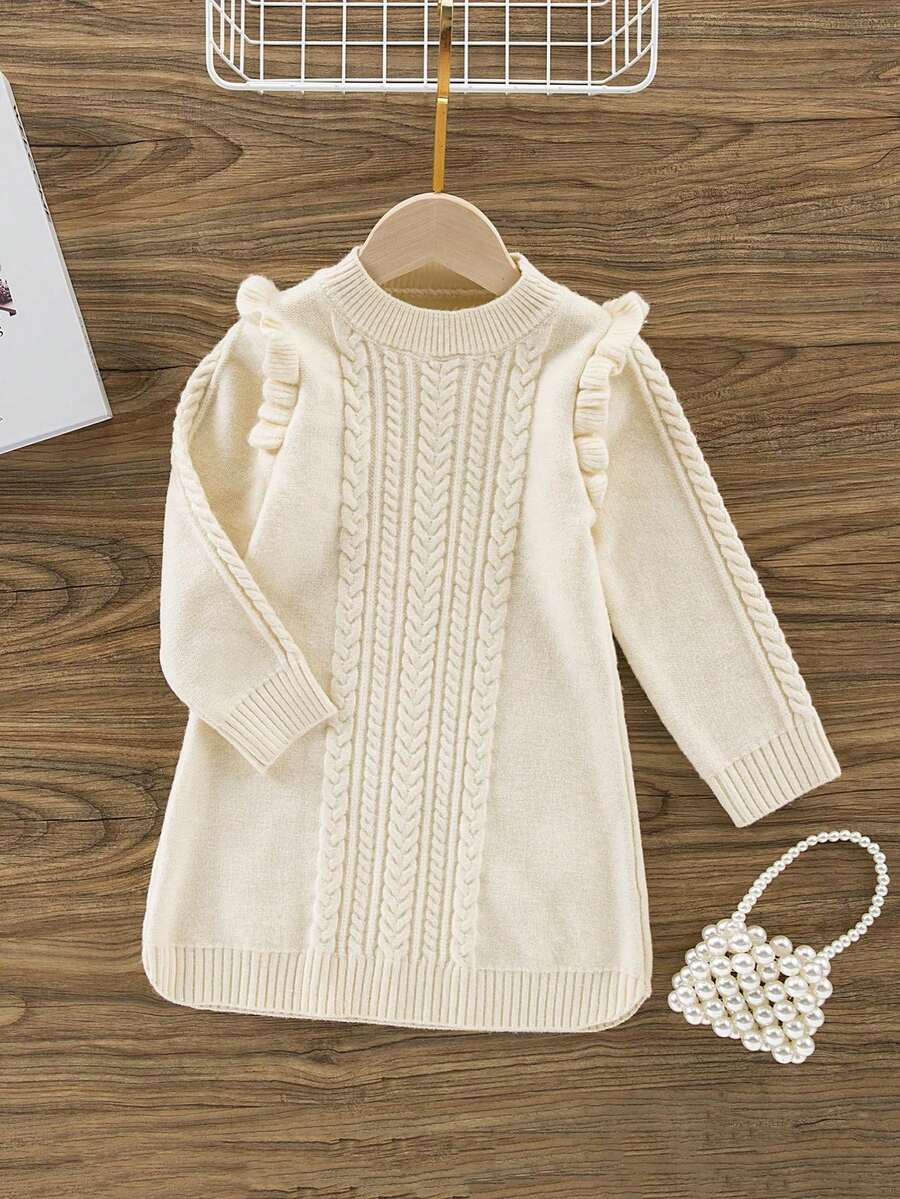 Young Girl Ruffle Trim Sweater Dress - Apricot - View 1