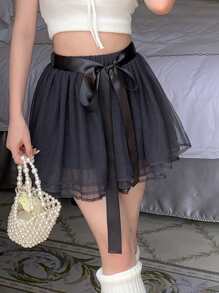 DAZY 素色網紗覆蓋腰帶喇叭半身裙 - 灰色 - 查看 7