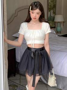 DAZY 素色網紗覆蓋腰帶喇叭半身裙 - 灰色 - 查看 8