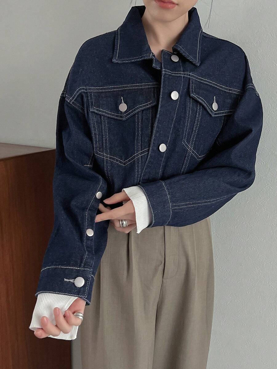 FRIFUL 頂針落肩袖翻蓋口袋前紐扣牛仔夾克 - 藍色 - 查看 1
