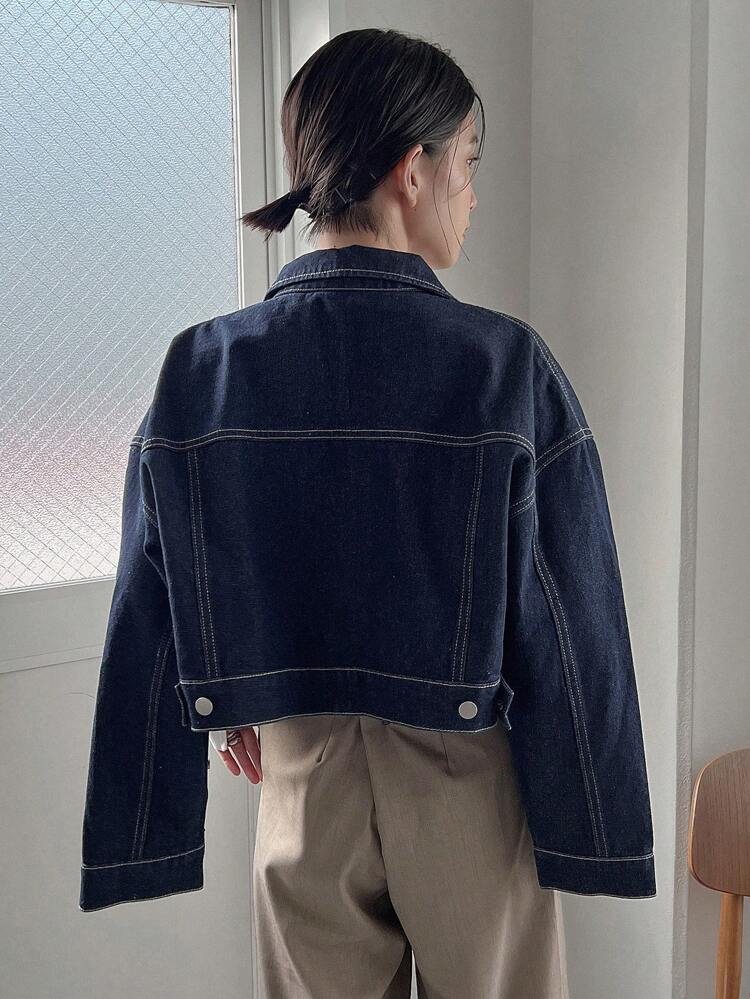 Top-stitching Drop Shoulder Flap Pocket Button Front Denim Jacket