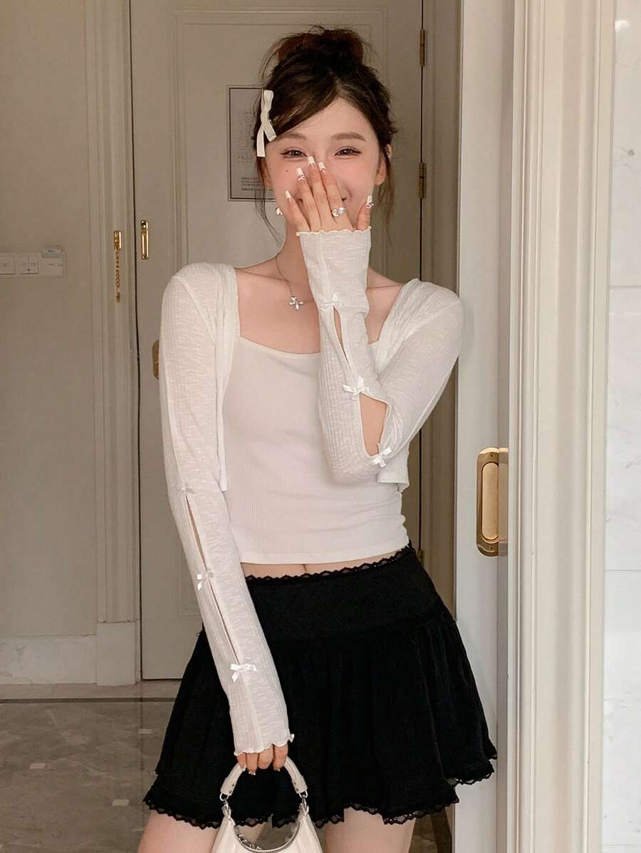 DAZY 纯色前开式短款上衣 女式长袖上衣 - 白色 - 查看 1