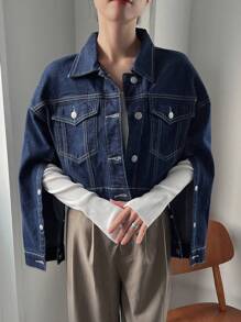 FRIFUL 頂針落肩袖翻蓋口袋前紐扣牛仔夾克 - 藍色 - 查看 4