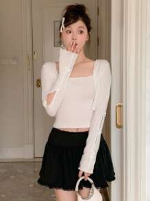 DAZY 纯色前开式短款上衣 女式长袖上衣 - 白色 - 查看 7