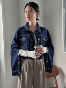 FRIFUL 頂針落肩袖翻蓋口袋前紐扣牛仔夾克 - 藍色 - 查看 6