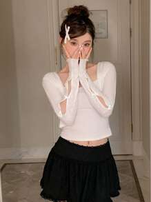 DAZY 纯色前开式短款上衣 女式长袖上衣 - 白色 - 查看 8