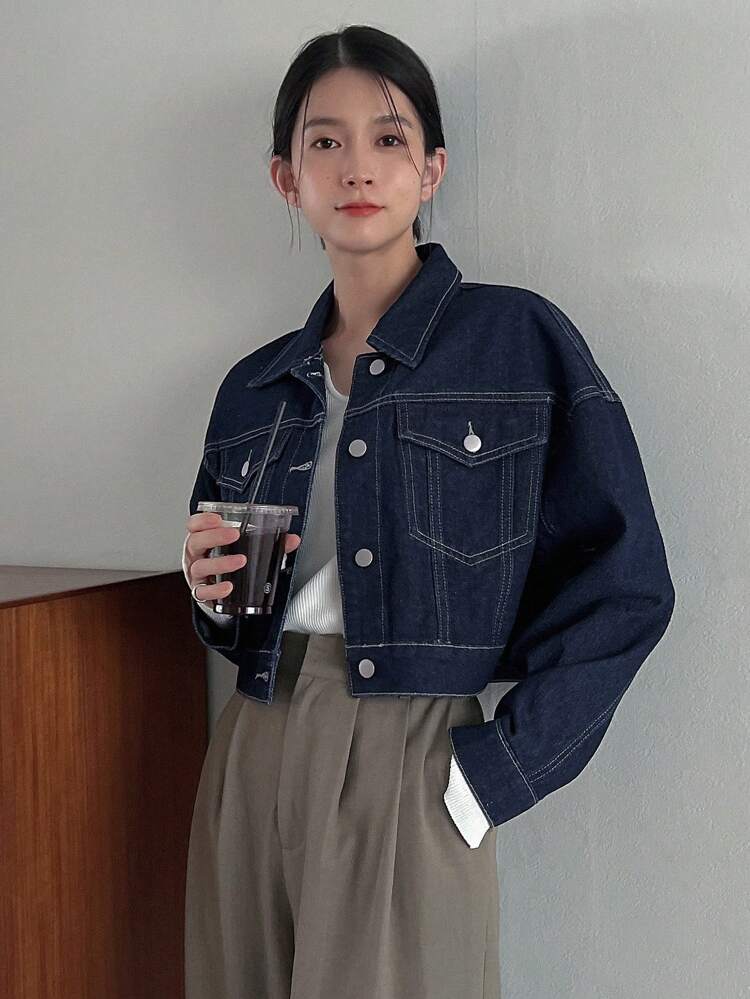 Top-stitching Drop Shoulder Flap Pocket Button Front Denim Jacket