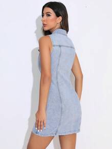 SHEIN Privé Flap Pocket Zip Up Bodycon Denim Dress - Light Wash - View 2