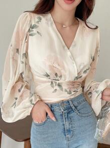 DAZY Floral Print Tie Back Lantern Sleeve Blouse,Long Sleeve Tops,Ruffle,Fall Women Clothes Vacation Outfits Women - Beige - View 2