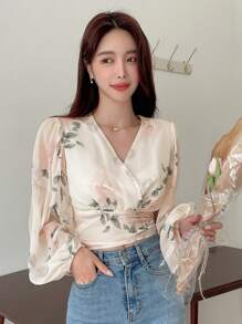 DAZY Floral Print Tie Back Lantern Sleeve Blouse,Long Sleeve Tops,Ruffle,Fall Women Clothes Vacation Outfits Women - Beige - View 4