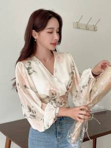 DAZY Floral Print Tie Back Lantern Sleeve Blouse,Long Sleeve Tops,Ruffle,Fall Women Clothes Vacation Outfits Women - Beige - View 5