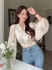 DAZY Floral Print Tie Back Lantern Sleeve Blouse,Long Sleeve Tops,Ruffle,Fall Women Clothes Vacation Outfits Women - Beige - View 7