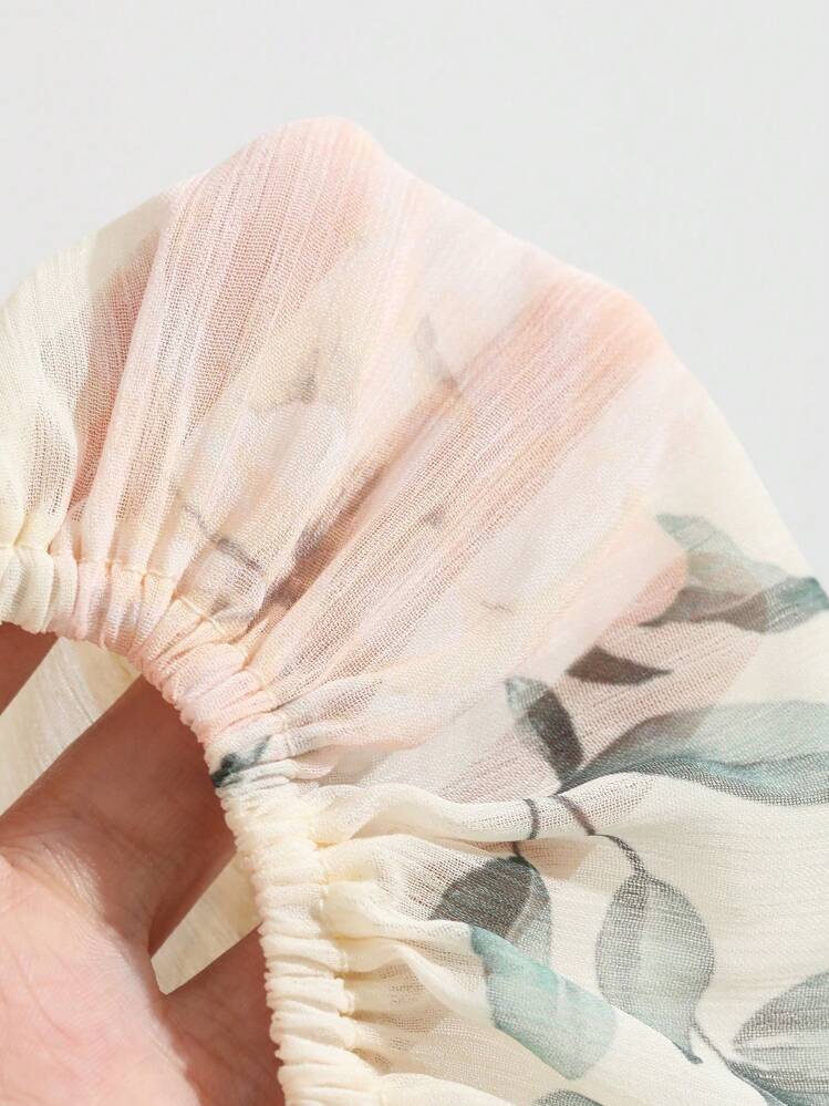 DAZY 印花系带露背灯笼袖衬衫，长袖上衣，荷叶边，秋季女装度假套装 - 米色 - 查看 8