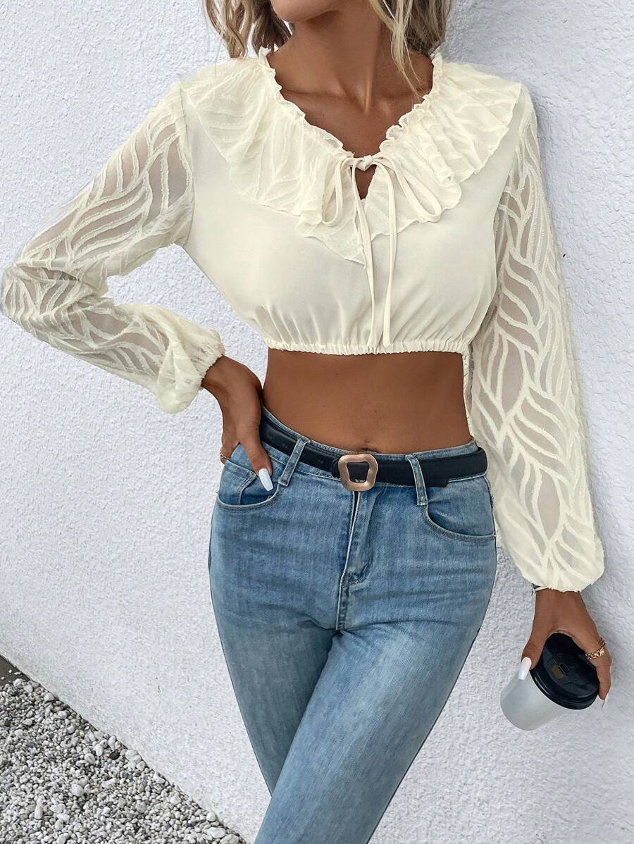 SHEIN LUNE Viền Ruffle Tie Trước Tay áo lồng đèn Áo sơ mi Crop - trắng - Xem 1