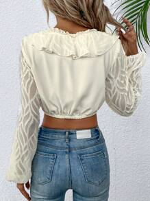 SHEIN LUNE Viền Ruffle Tie Trước Tay áo lồng đèn Áo sơ mi Crop - trắng - Xem 2