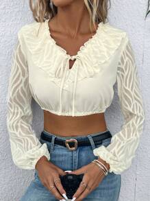 SHEIN LUNE Viền Ruffle Tie Trước Tay áo lồng đèn Áo sơ mi Crop - trắng - Xem 5