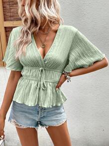 SHEIN VCAY 前繫帶蝴蝶袖荷葉邊下擺襯衫 - 薄荷綠 - 查看 1