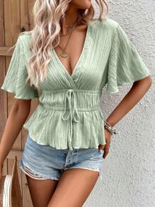 SHEIN VCAY 前繫帶蝴蝶袖荷葉邊下擺襯衫 - 薄荷綠 - 查看 3