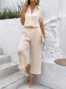 SHEIN Frenchy Solid Button Front Shirt & Wide Leg Trousers - Apricot - View 1