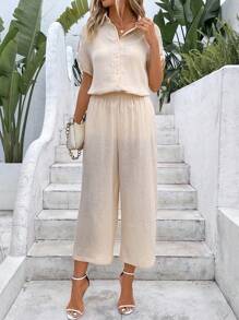 SHEIN Frenchy Solid Button Front Shirt & Wide Leg Trousers - Apricot - View 3