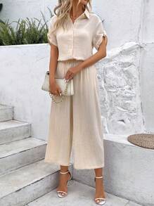 SHEIN Frenchy Solid Button Front Shirt & Wide Leg Trousers - Apricot - View 5