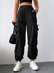 RueChic Flap Pocket Side Drawstring Hem Cargo Trousers - Black - View 1