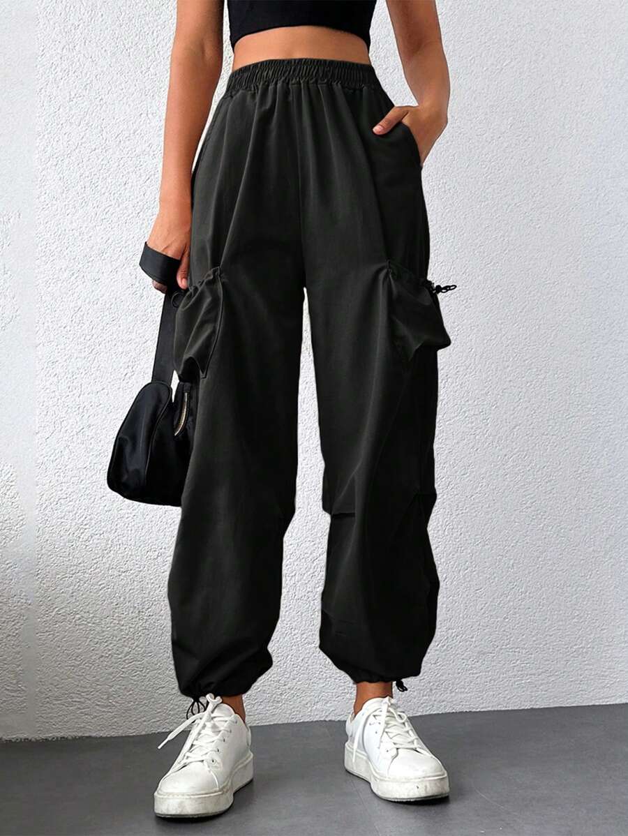 RueChic Flap Pocket Side Drawstring Hem Cargo Trousers - Black - View 1