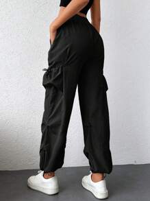 RueChic Flap Pocket Side Drawstring Hem Cargo Trousers - Black - View 2