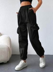 RueChic Flap Pocket Side Drawstring Hem Cargo Trousers - Black - View 3