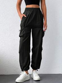 RueChic Flap Pocket Side Drawstring Hem Cargo Trousers - Black - View 4