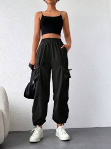 RueChic Flap Pocket Side Drawstring Hem Cargo Trousers - Black - View 5