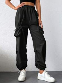 RueChic Flap Pocket Side Drawstring Hem Cargo Trousers - Black - View 6