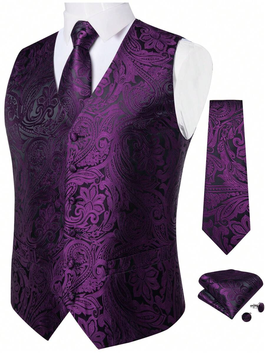 Men 4pcs Paisley Jacquard Waistcoat & Tie & Cufflinks & Handkerchiefs Without Shirt - Lilac Purple - View 1