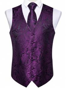 Men 4pcs Paisley Jacquard Waistcoat & Tie & Cufflinks & Handkerchiefs Without Shirt - Lilac Purple - View 3
