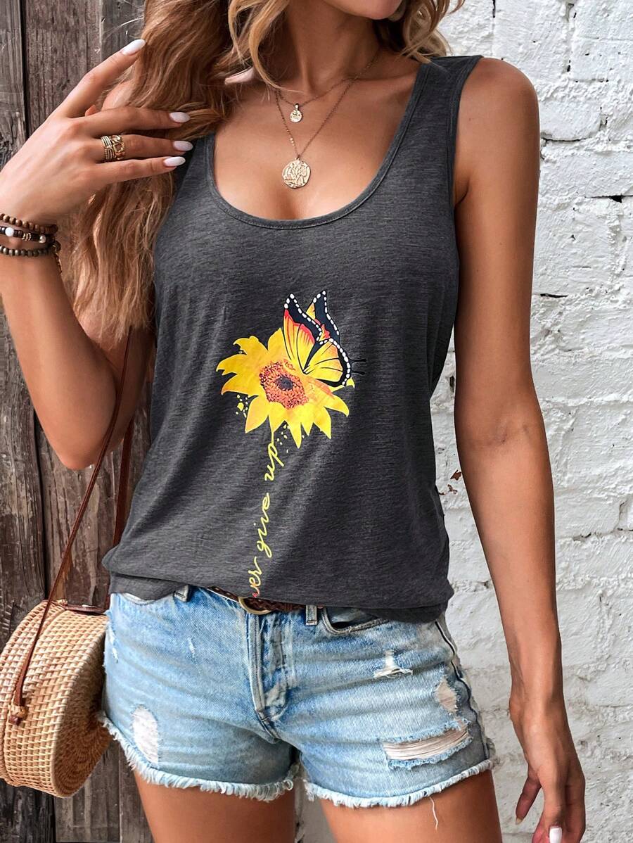 SHEIN LUNE 花卉和口号图案背心 永不放弃 - 深灰色 - 查看 1