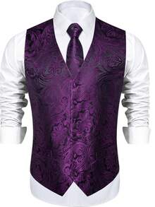 Men 4pcs Paisley Jacquard Waistcoat & Tie & Cufflinks & Handkerchiefs Without Shirt - Lilac Purple - View 4