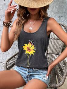 SHEIN LUNE 花卉和口号图案背心 永不放弃 - 深灰色 - 查看 4